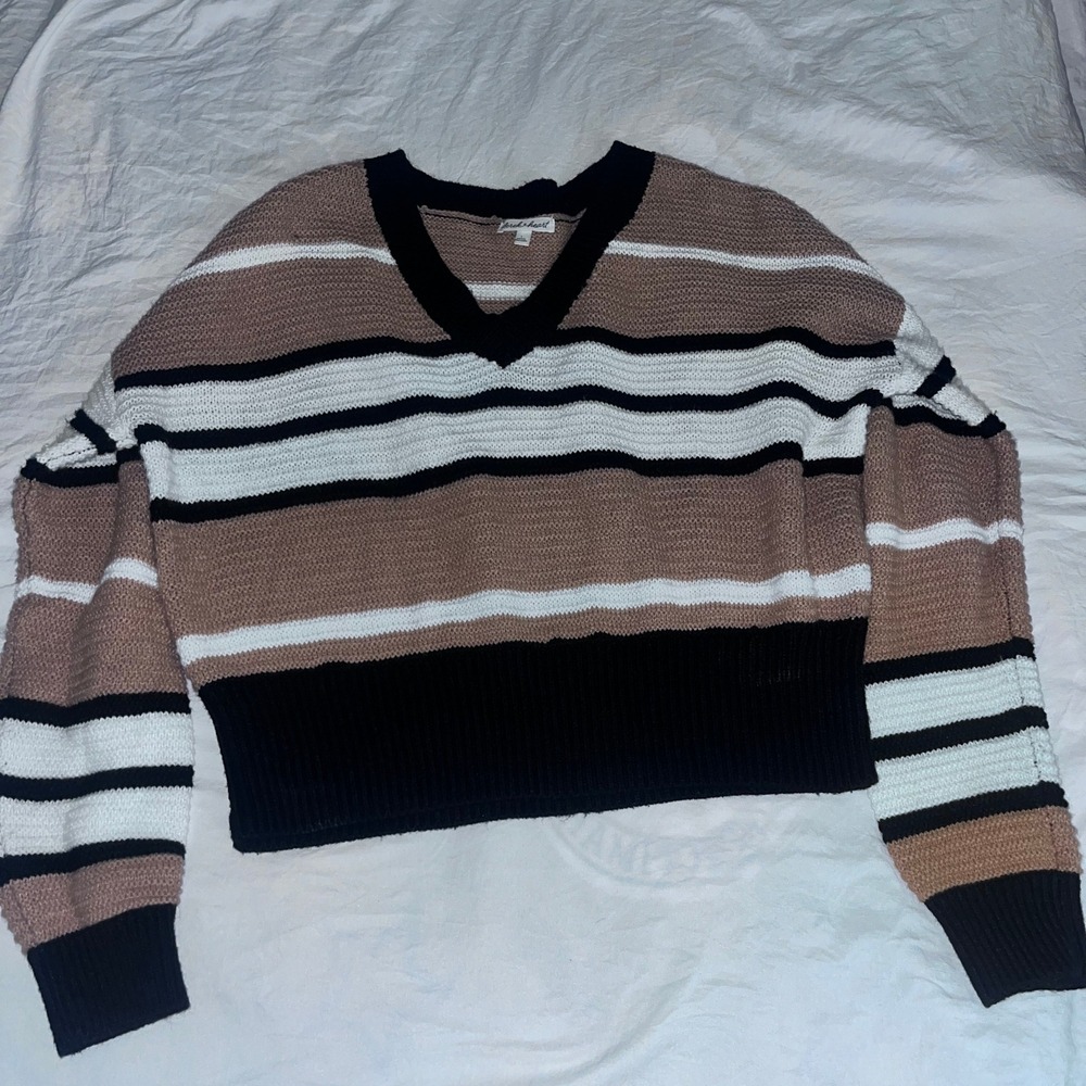 Derek Heart Striped Sweater V Neck Crop Knit Pullover‎ Tan White Black Women's